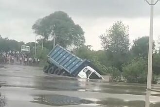 Video: Dumper Truck Sinks As Driver Tries To Take It Across Flooded Bridge