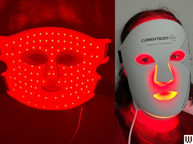 Left: A white facial mask with red lights and small cord laying flat in a dark room. Right: Person wearing a white facial mask that has red lights on the inside.