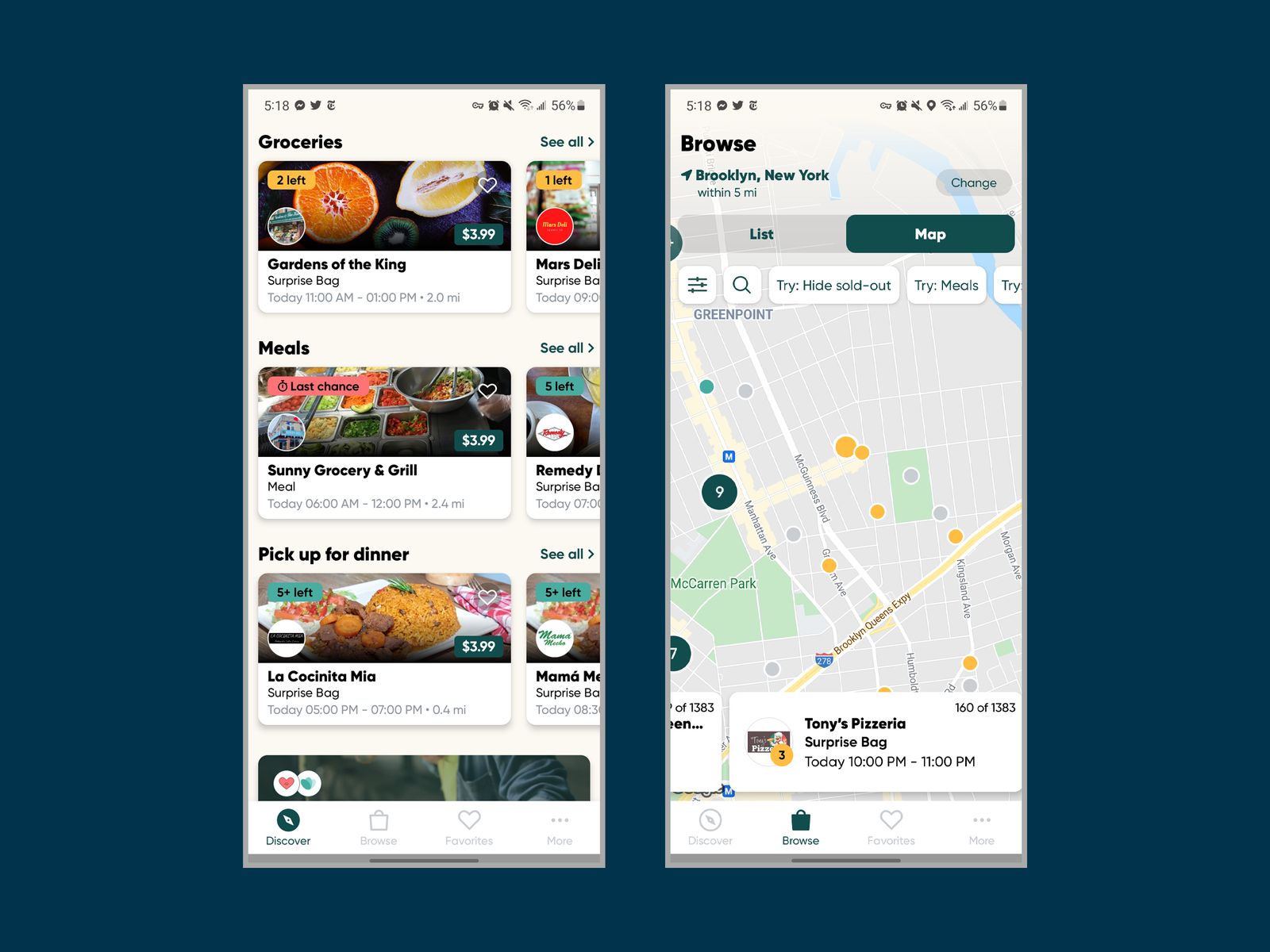Too Good to Go app screenshots showing menu items and map
