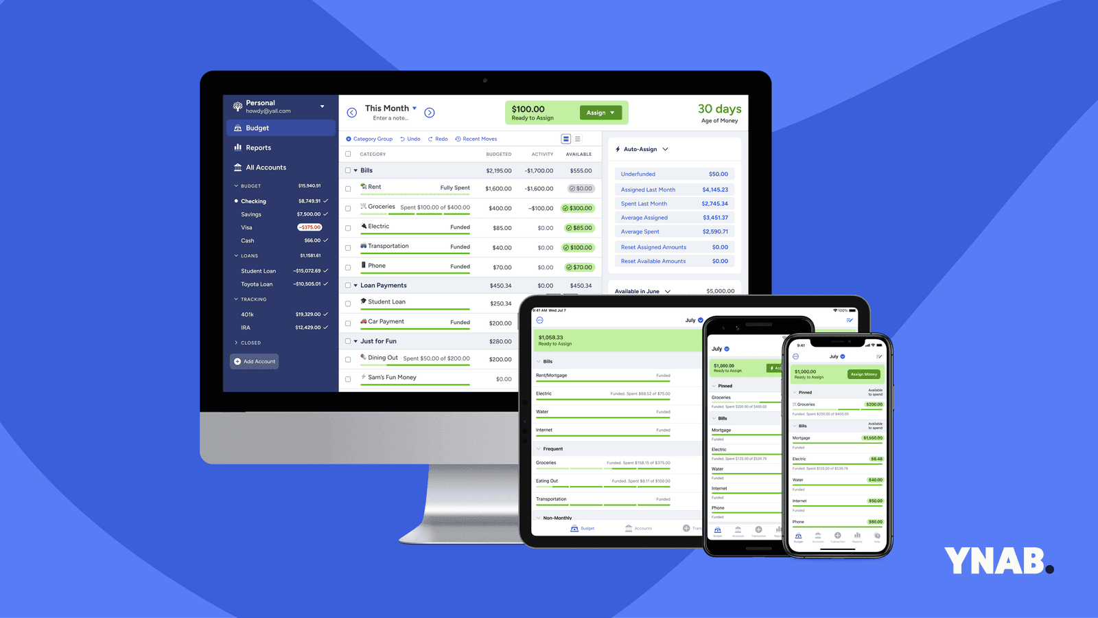Financial planning app screenshots on a computer tablet and 2 mobile devices