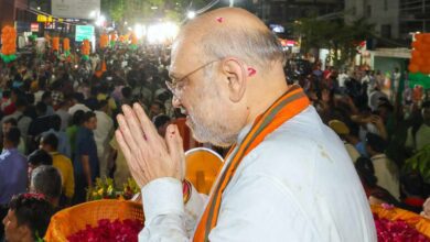 Union Home Minister Amit Shah during a roadshow in Madhyamgram as part of the West Bengal Assembly Elections 2026 campaign, in North 24 Parganas