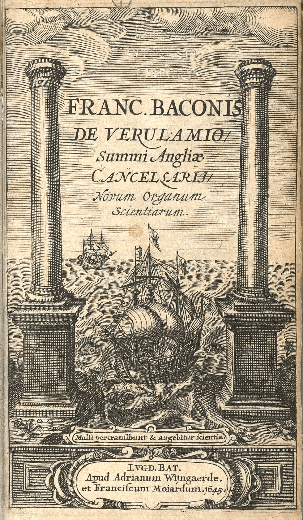 Engraved title page of Baconu2019s *Novum Organum* with ships between two pillars
