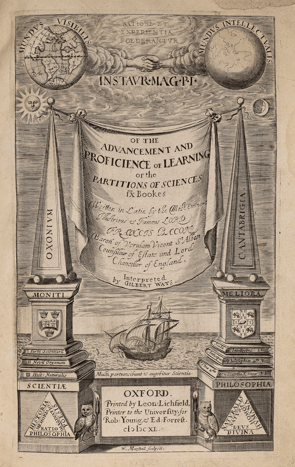 Engraved title page of u201cThe Advancement and Proficience of Learningu201d with ship and globes