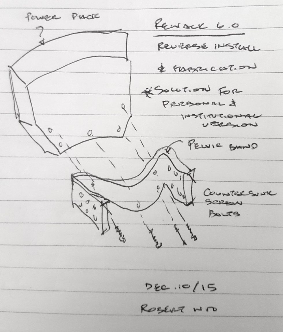 Hand-drawn concept sketch of a modular device labeled u201cReWack 6.0u201d with notes and arrows