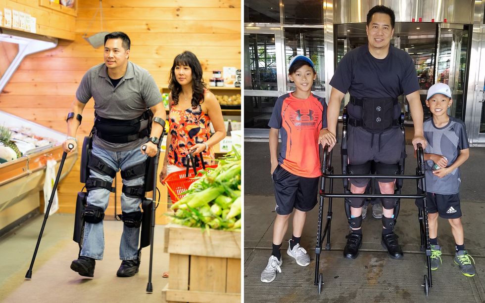 Man using a robotic exoskeleton with support, shopping and standing with children.