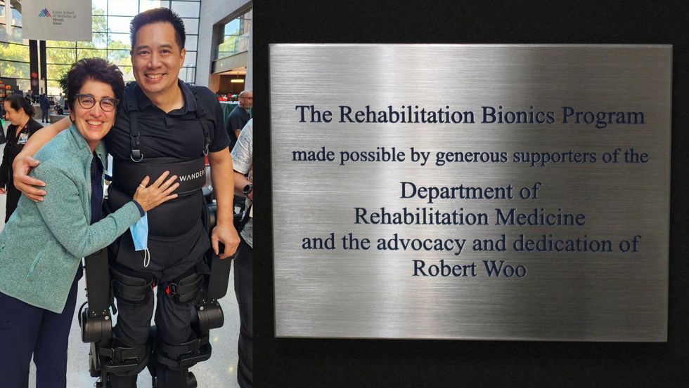One photo shows a smiling man in an exoskeleton with his arm around a smiling woman. The other photo shows a metal plaque saying that the Rehabilitation Bionics Program was made possible by the advocacy and dedication of Robert Woo.