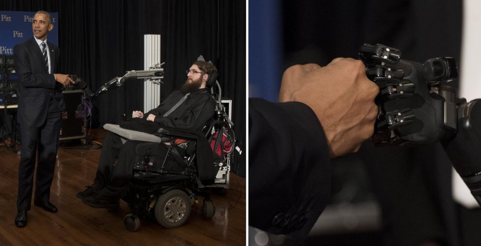 Two photos show former U.S. president Barack Obama with a man seated in a wheelchair that has a robotic arm mounted to it. The first photo shows their whole bodies, the second is a close-up of a fist bump between Obama and the robotic hand.