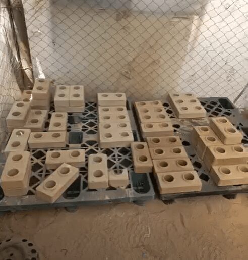 Legolike interlocking bricks made from recycled rubble inside the Green Rock workshop in Gaza.