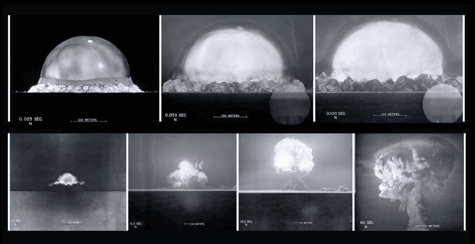 Sequence of blacku2011andu2011white photos showing a nuclear explosion mushroom cloud forming