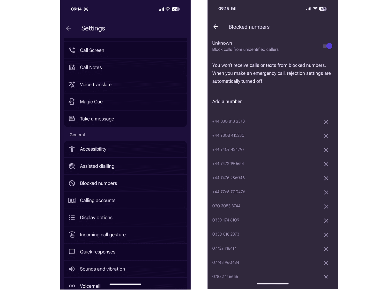 Screenshot of Android Blocked Numbers screen