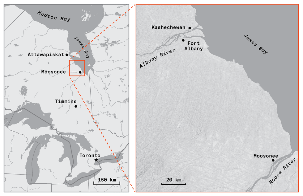 A map of northern Ontario shows the location of Moosonee, Fort Albany, Kashechewan, and Attawapiskat along the western shore of James Bay.