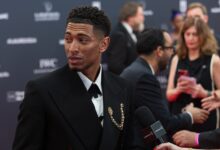 Jude Bellingham speaking at the Laureus awards in April 2024, archive photograph
