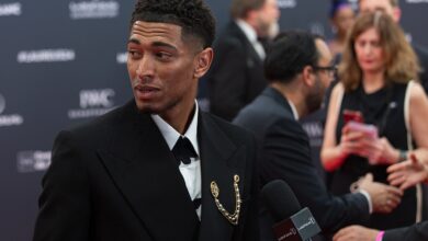 Jude Bellingham speaking at the Laureus awards in April 2024, archive photograph