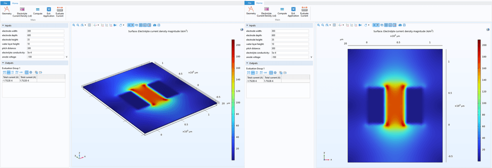 COMSOL simulation of electrode surface current density with 3D and 2D heatmap views