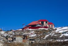 Border posts and mountain road at Nathu La on the India-China frontier