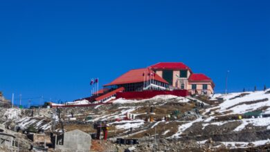 Border posts and mountain road at Nathu La on the India-China frontier
