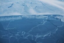 Aerial view of broken ice across Lake Ontario in winter