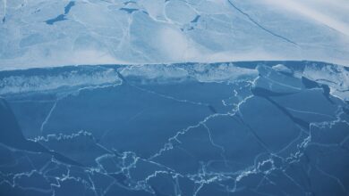 Aerial view of broken ice across Lake Ontario in winter