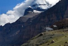 A clear view of snow-covered Mount Kailash in Tibet
