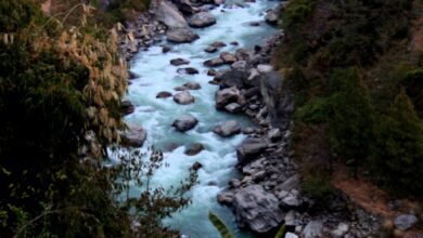 Fast-flowing Trisuli River between steep green slopes in Rasuwa Nepal