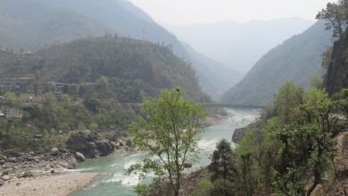 Archive view of the Trishuli River and a bridge at Mugling in 2012, not current flood damage