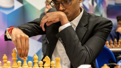 Indian grandmaster R Praggnanandhaa concentrating during a chess game
