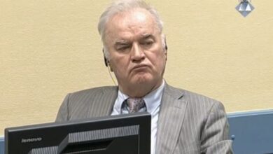 Ratko Mladic seated in the courtroom during his trial at the UN tribunal in The Hague