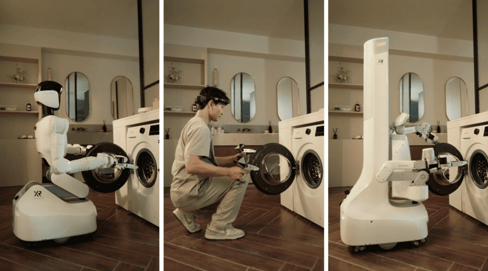 Robot and person loading a washing machine together in a modern laundry room.