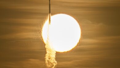 Actual August 30, 2026 launch photograph of the Falcon Heavy carrying Roman silhouetted against the Sun