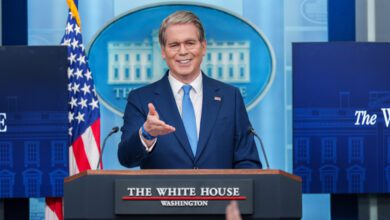 US Treasury Secretary Scott Bessent speaking at the White House briefing room podium