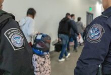 United States border officers processing people at the San Ysidro Port of Entry