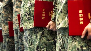 South Korean Marines holding red folders during the Ssang Yong military exercise