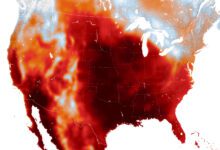 NASA Earth Observatory modeled air-temperature map showing a heat dome over the central United States.