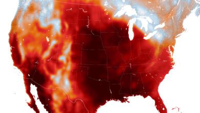 NASA Earth Observatory modeled air-temperature map showing a heat dome over the central United States.