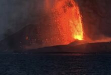 Lava fountain rising from Anak Krakatau volcano during its September 2026 eruption