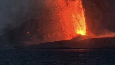 Lava fountain rising from Anak Krakatau volcano during its September 2026 eruption