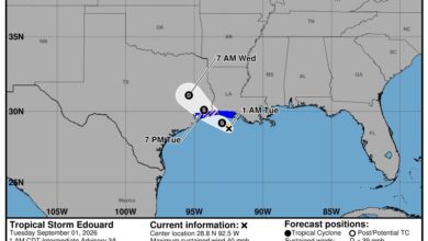 Official National Hurricane Center forecast cone for Tropical Storm Edouard