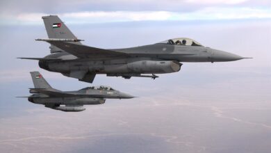 Two Royal Jordanian Air Force F-16 aircraft in a 2014 archive photograph