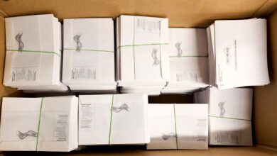 A box of prepared mail ballots at the Wake County Board of Elections in North Carolina