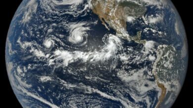 Satellite image showing three tropical cyclones over the Pacific Ocean