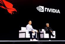 George Kurtz and Jensen Huang on stage during the SafeMind announcement at Fal.Con 2026