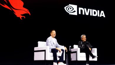 George Kurtz and Jensen Huang on stage during the SafeMind announcement at Fal.Con 2026