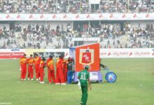 Zimbabwe cricket players during a 2014 match, archive photograph
