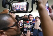 Brazilian senator Flávio Bolsonaro speaking during an interview at the Federal Senate.