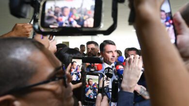 Brazilian senator Flávio Bolsonaro speaking during an interview at the Federal Senate.