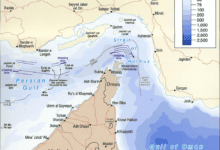Map showing the Strait of Hormuz between Iran and the Arabian Peninsula