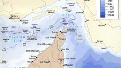 Map showing the Strait of Hormuz between Iran and the Arabian Peninsula